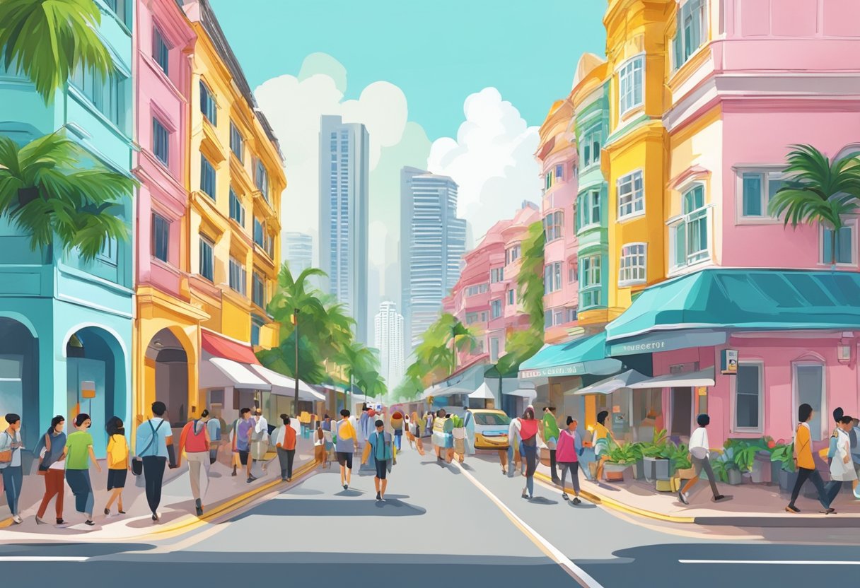A bustling street in Singapore with colorful buildings, palm trees, and people walking along the sidewalk