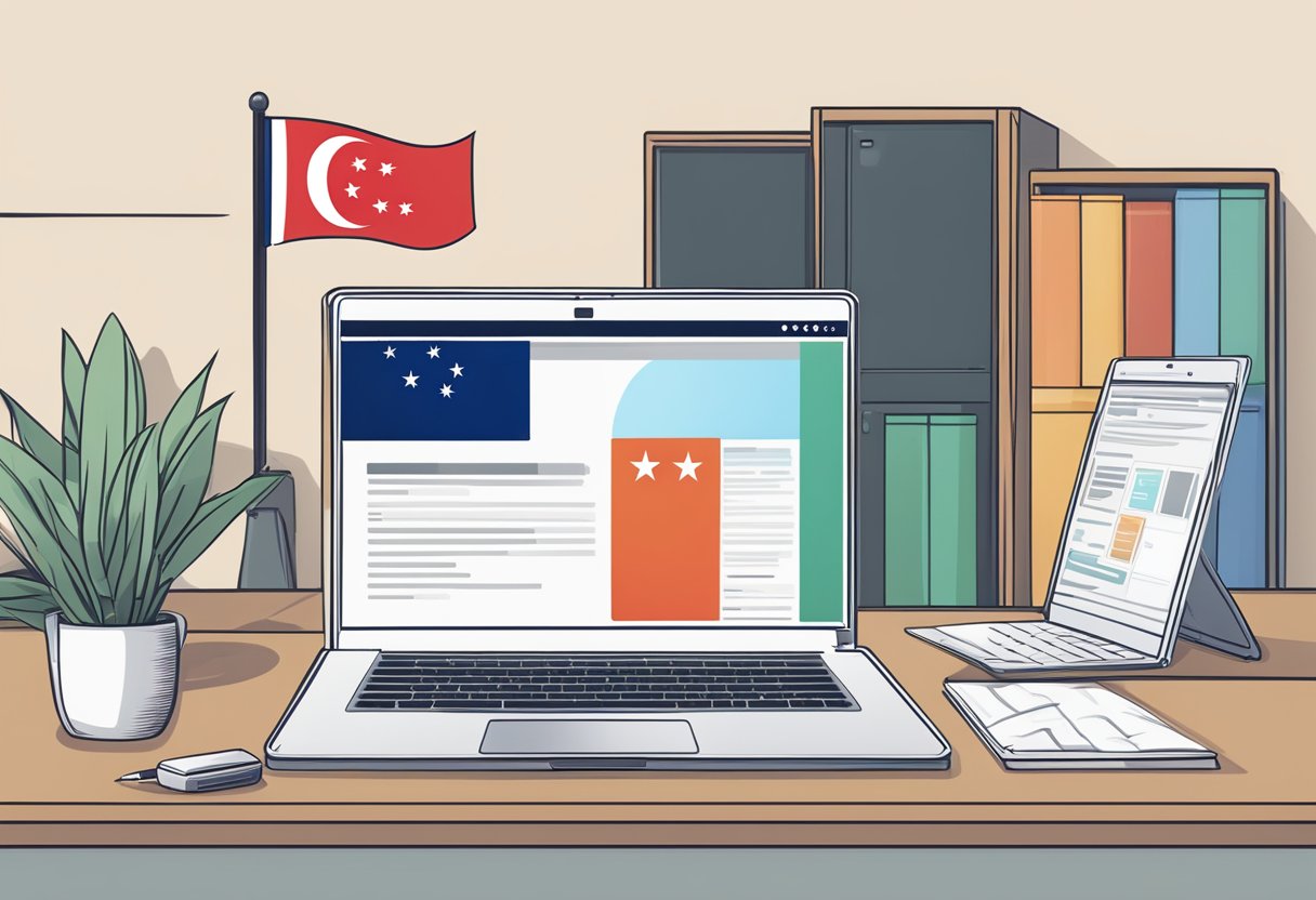 A laptop displaying the Stripe website with the Singapore flag in the background, surrounded by a modern office setting