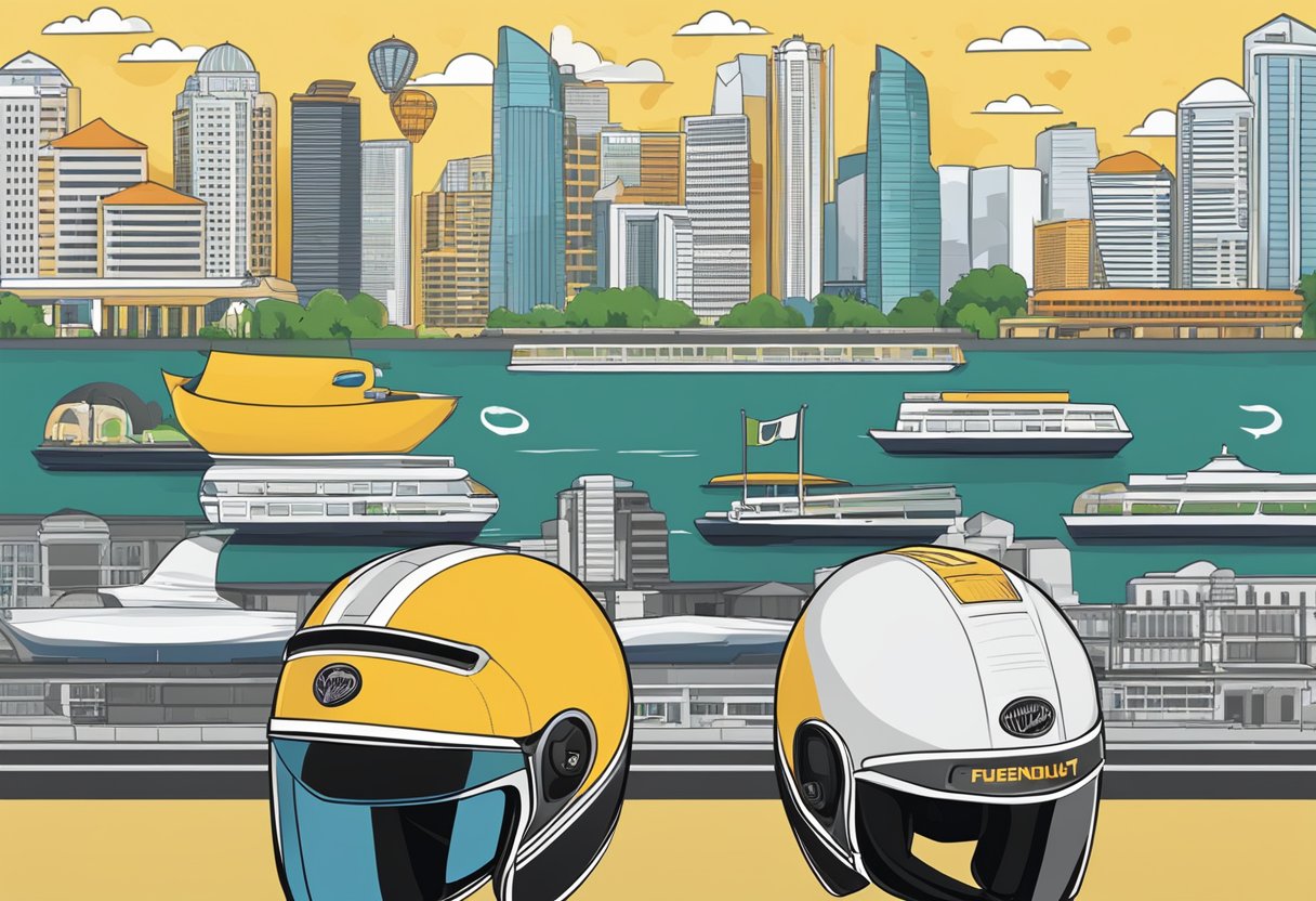 A motor helmet with "Frequently Asked Questions" displayed, set against a backdrop of iconic Singapore landmarks