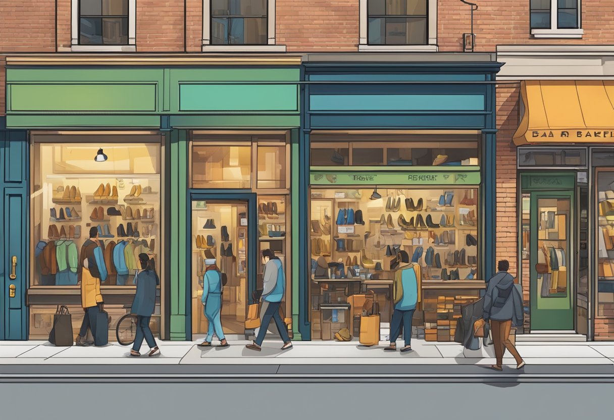 A bustling storefront with bold signage, customers entering and exiting, and a display of shoe repair and key cutting services