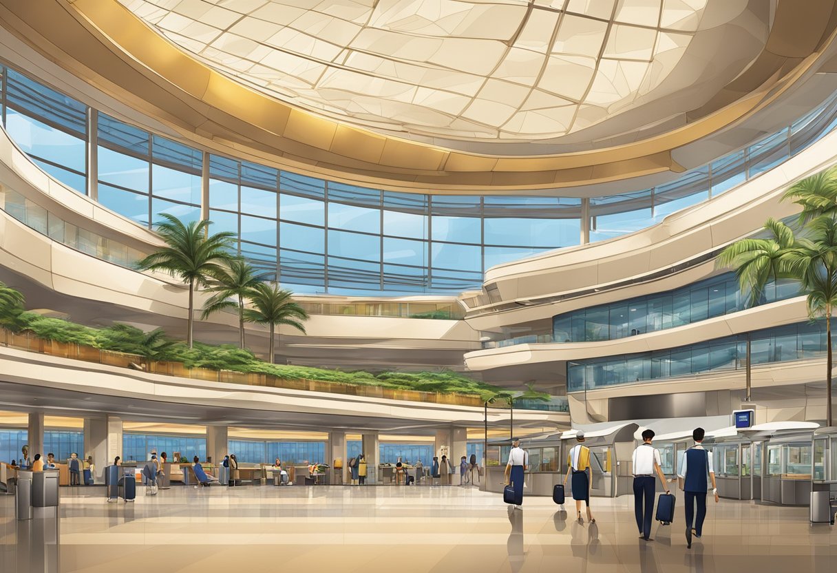 The Singapore Airlines terminal bustles with travelers and staff, with sleek architecture and modern amenities creating a vibrant atmosphere