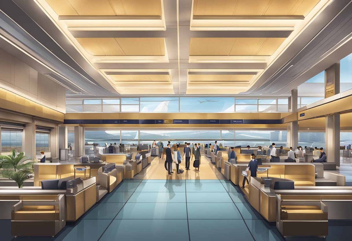 The bustling Singapore Airlines terminal features sleek check-in counters, modern lounges, and a panoramic view of the runway