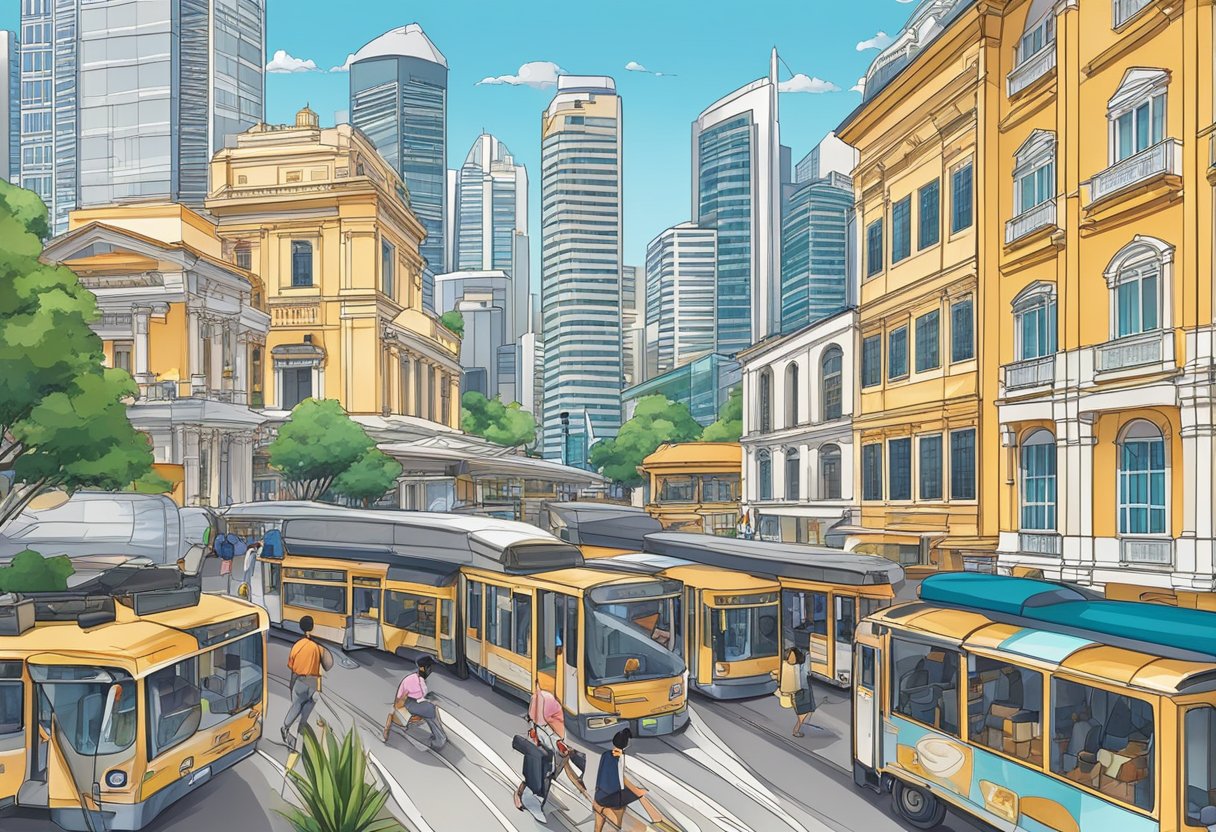 A bustling cityscape with diverse buildings and transportation, showcasing the blend of modern and traditional architecture in Singapore