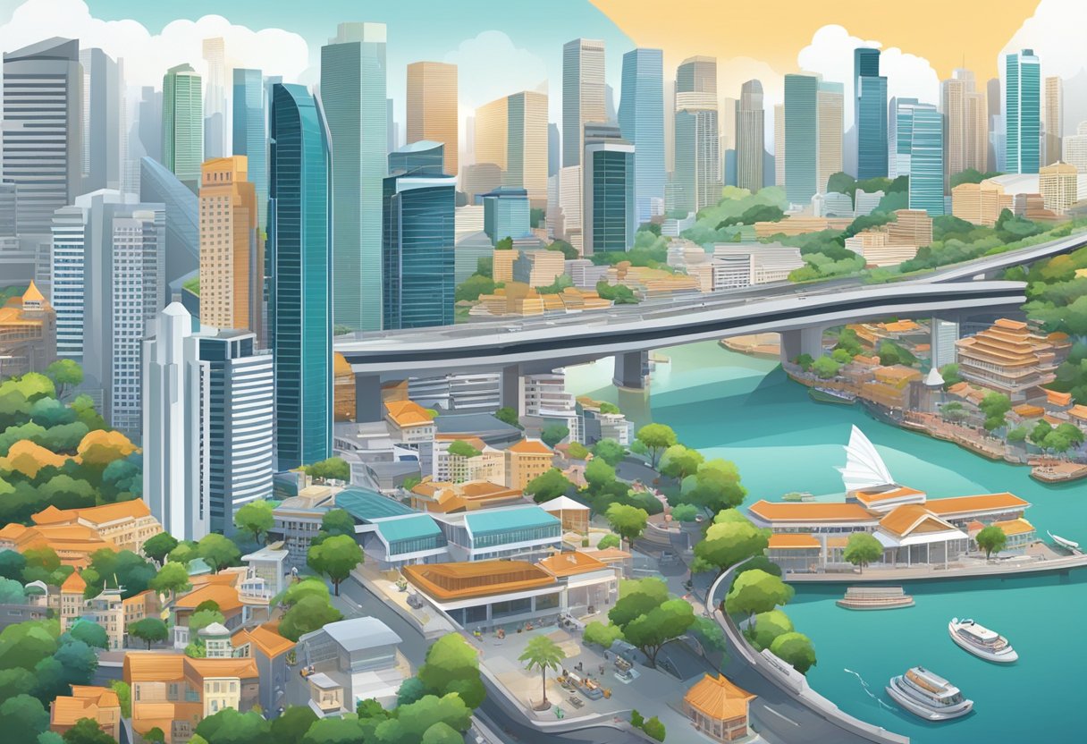 A bustling cityscape of Singapore, with high-rise buildings, diverse neighborhoods, and bustling streets, showcasing the dynamic population demographics