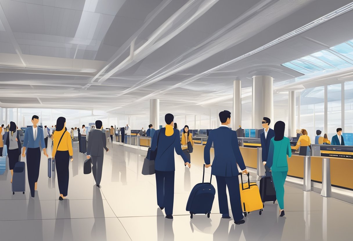 Passengers walking through modern Singapore Airlines terminal, with sleek design and seamless connectivity. Airport staff assisting travelers with check-in and boarding process