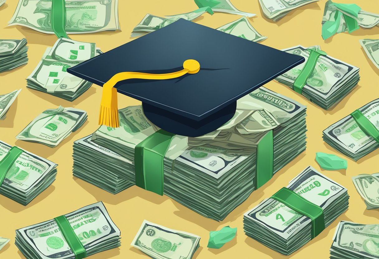 A stack of Singapore dollar bills with "fresh graduate salary" written on them, surrounded by a graduation cap and diploma
