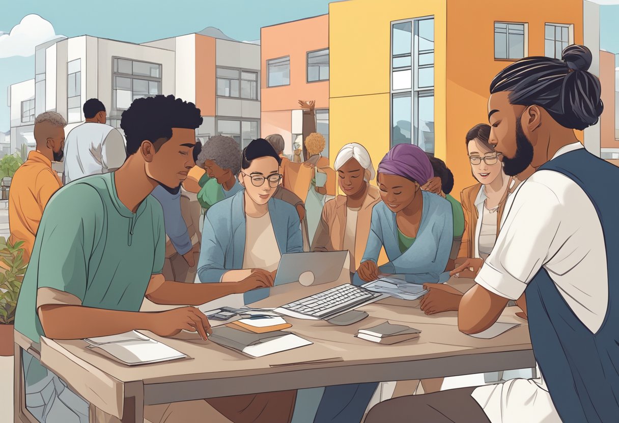A diverse group of people from different ethnic backgrounds and age groups are seen living and working together in a modern urban environment
