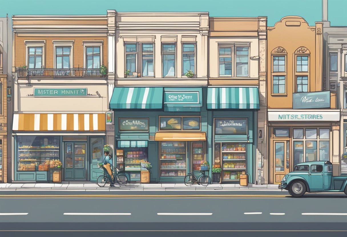 A row of mister minit stores with clear signage, surrounded by bustling city streets. Contact details displayed prominently