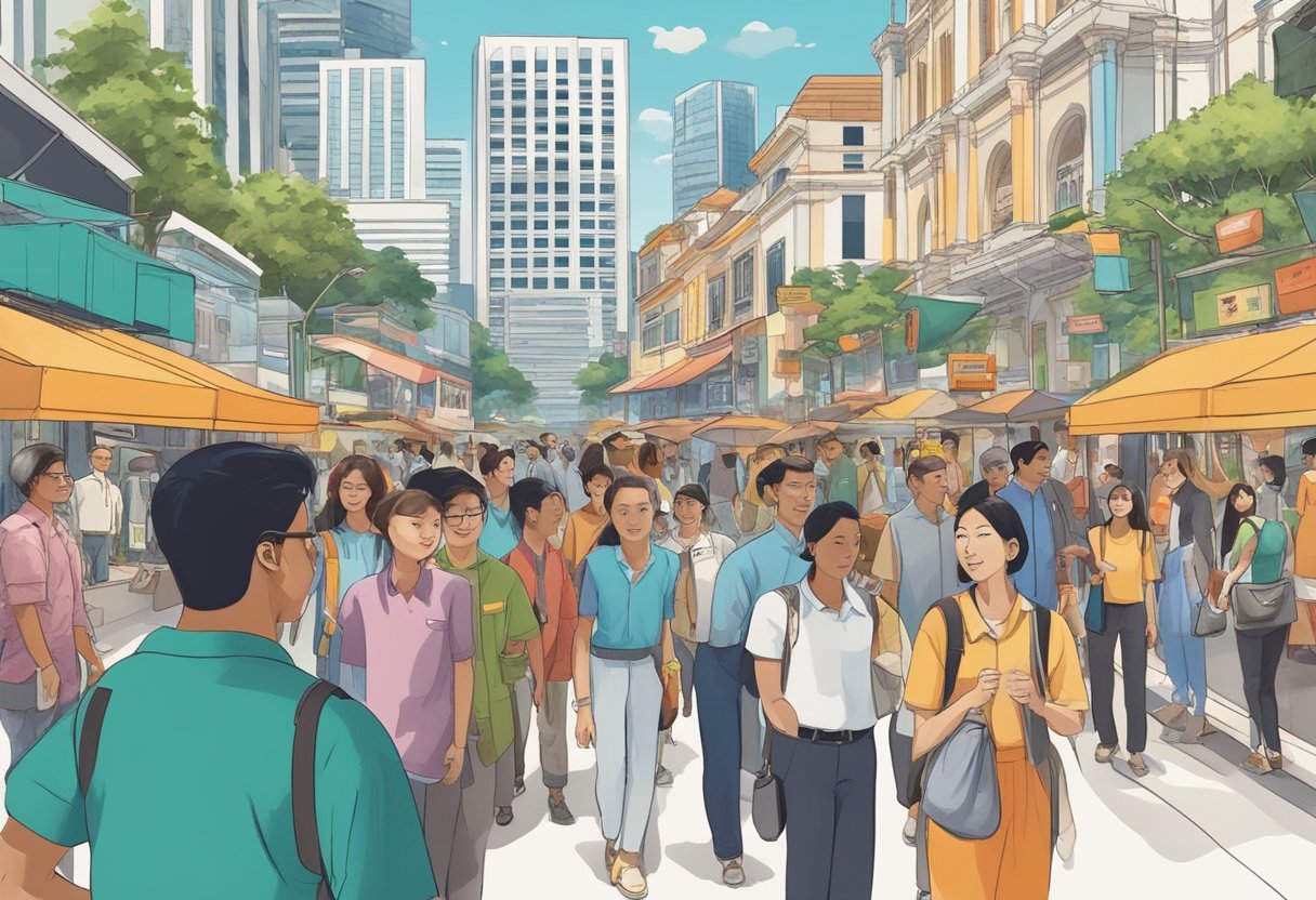 A diverse group of people from various ethnic backgrounds, ages, and occupations gather in a bustling urban setting in Singapore, reflecting the city-state's vibrant and multicultural demographics