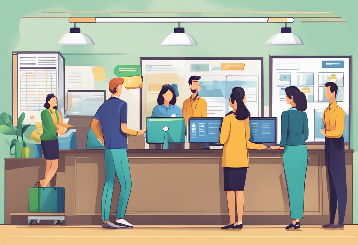A customer service desk with a "Frequently Asked Questions" sign, a queue of people, and a friendly staff member assisting a customer