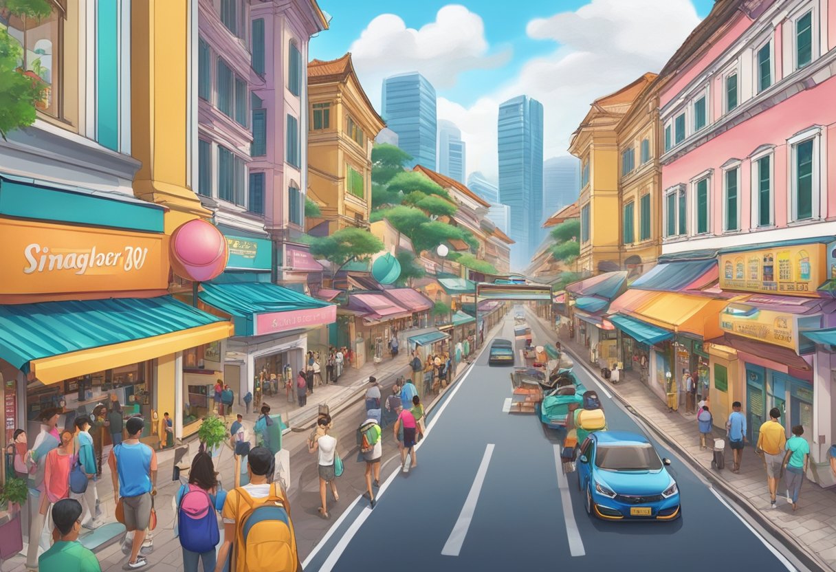 The bustling streets of Singapore, with colorful 4D lottery booths and excited patrons, capturing the city's rich history in gambling and entertainment