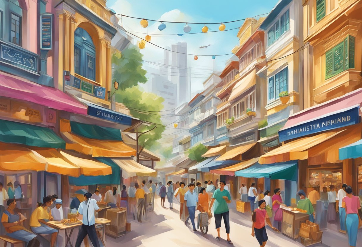The bustling streets of Tanishq Singapore, filled with colorful storefronts and vibrant signs, create a lively and energetic atmosphere