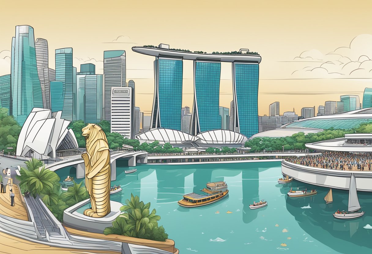 A bustling cityscape with iconic landmarks like Marina Bay Sands and the Merlion, showcasing the modern and historical elements of Singapore