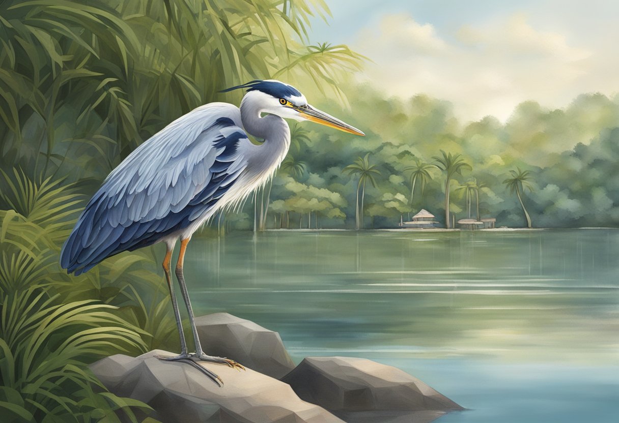 A heron stands gracefully by the water's edge as a young boy watches from a distance in Singapore
