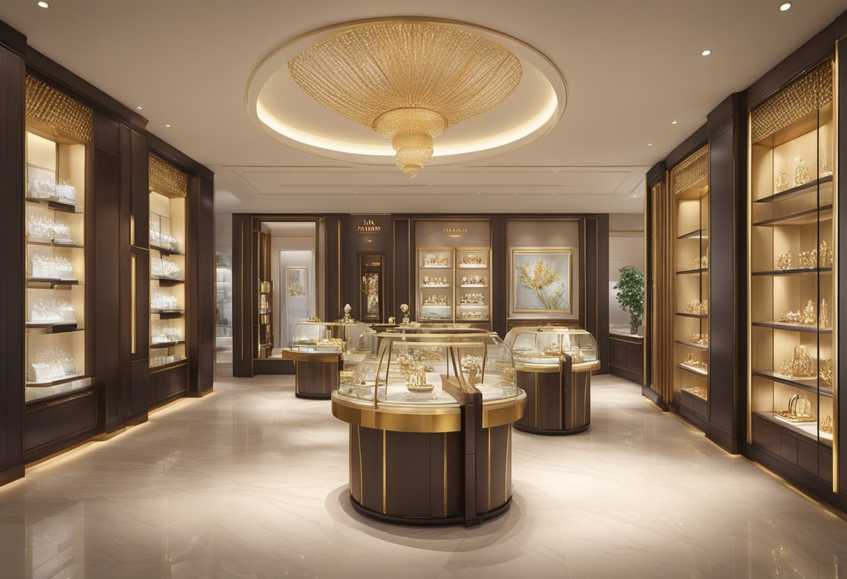 The Tanishq store in Singapore is a spacious and elegant space, with gleaming display cases showcasing exquisite jewelry pieces. The interior is bathed in warm, inviting light, creating a luxurious and welcoming atmosphere for customers