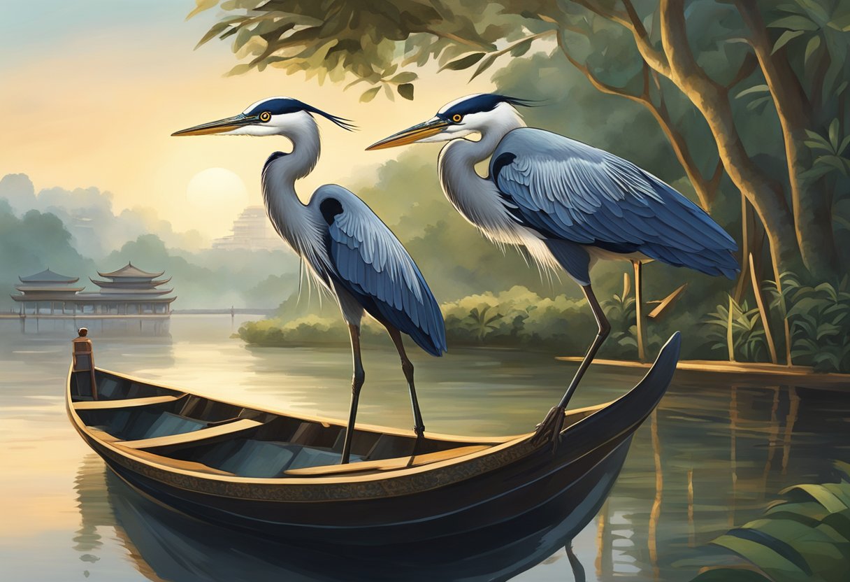 A heron perched on a traditional boat in a serene Singaporean river, symbolizing the cultural impact and reception of the boy and the heron