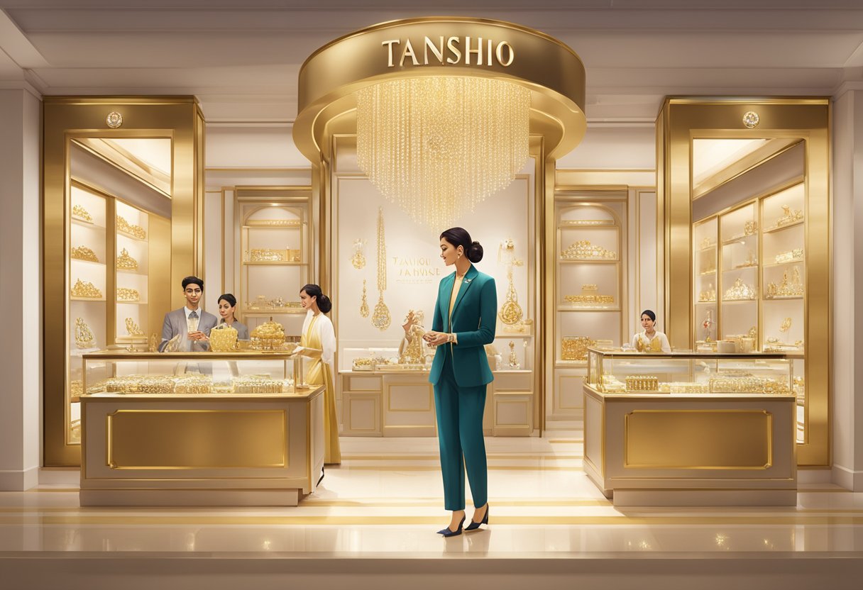 A display of jewelry and service offerings at Tanishq Singapore. Shimmering gold and diamond pieces, along with customer service amenities