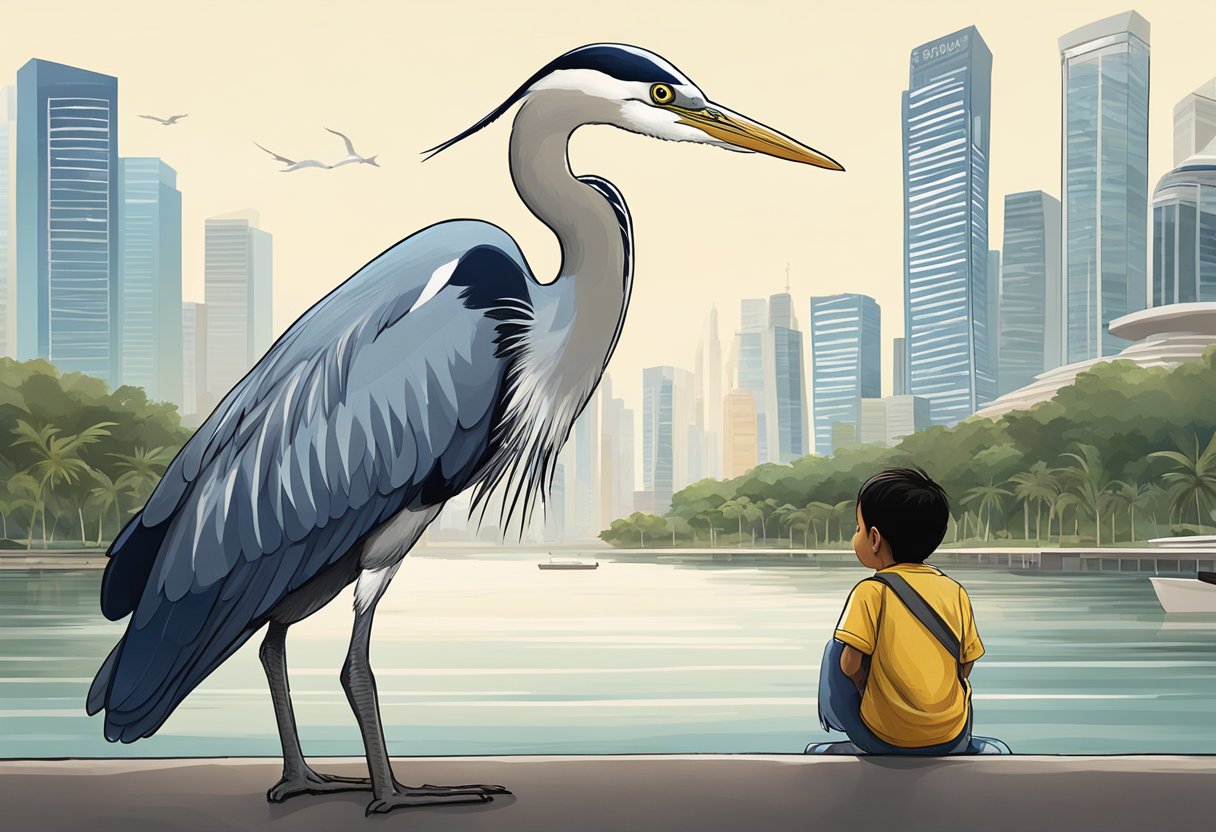 A heron stands beside a young boy, both looking towards the camera with a backdrop of the Singapore skyline