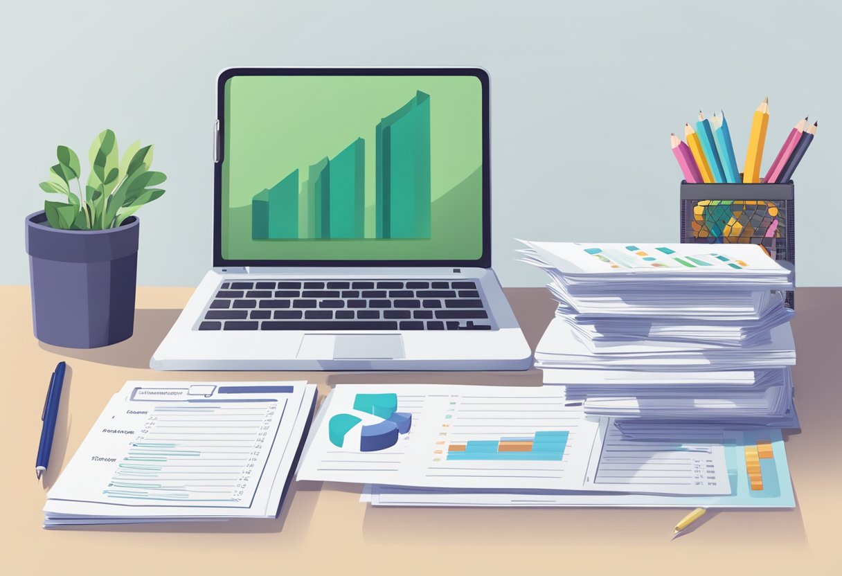 A stack of papers with "Frequently Asked Questions" on top, surrounded by a laptop, calculator, and pen. A graph showing salary ranges for fresh graduates in Singapore