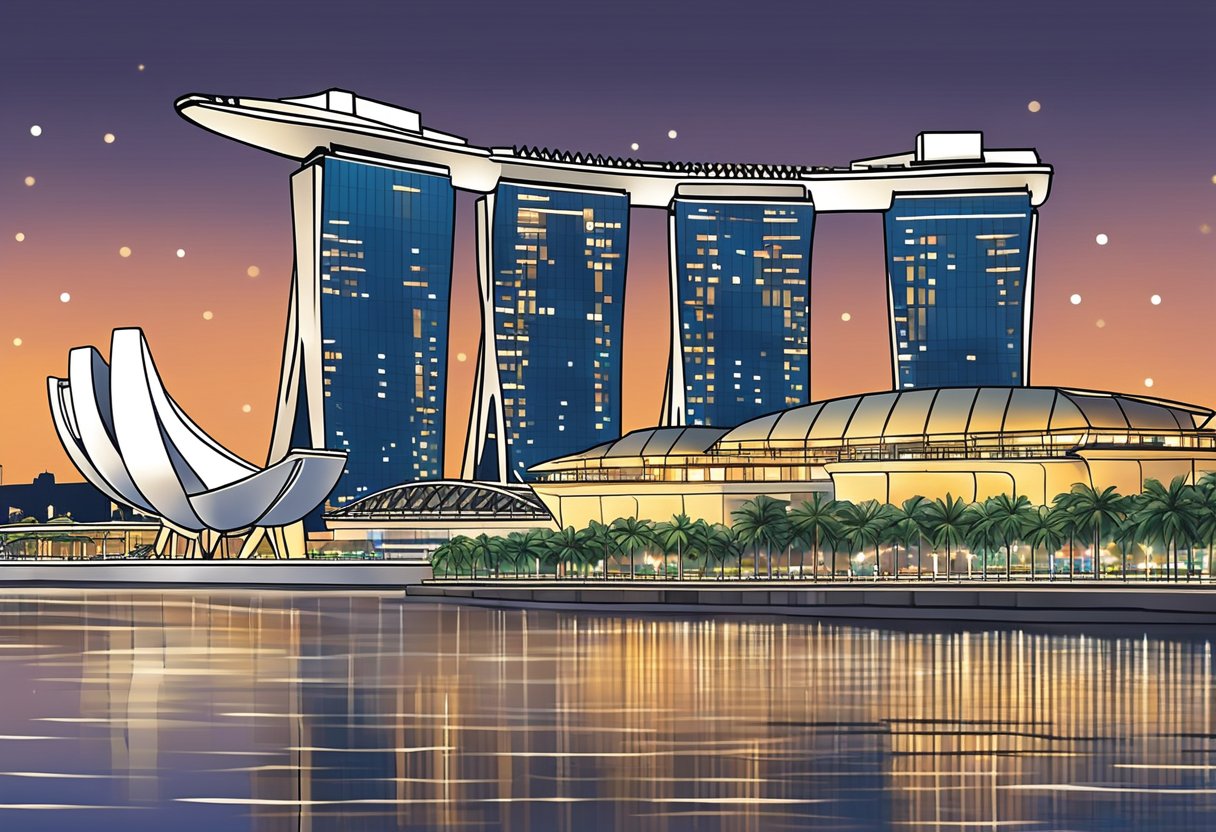 The iconic Marina Bay Sands hotel reflects in the calm waters of the Singapore River, surrounded by the vibrant lights of the city skyline