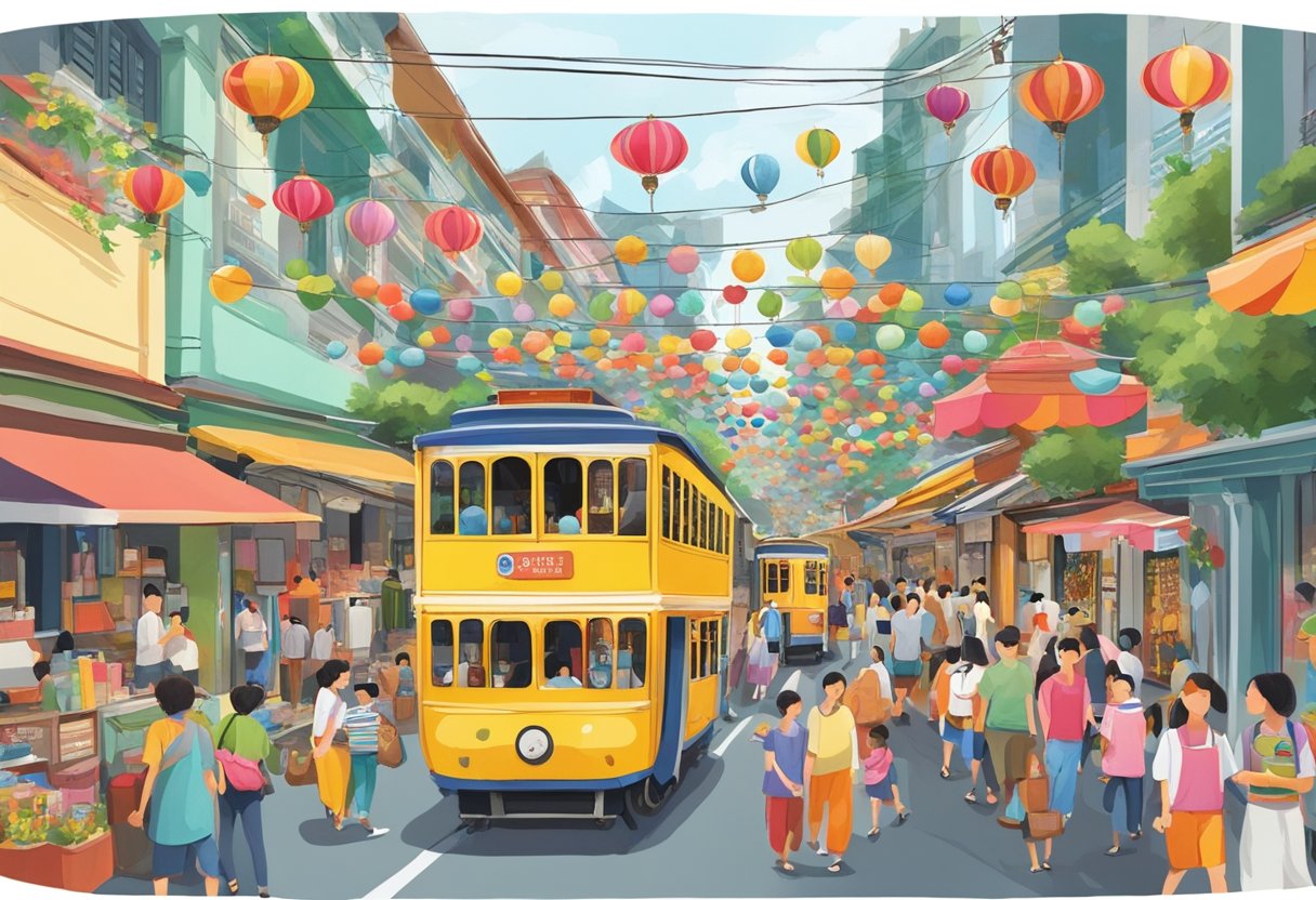 A bustling street in Singapore with an open trolley filled with colorful goods and surrounded by people. The trolley is adorned with vibrant decorations and traditional symbols