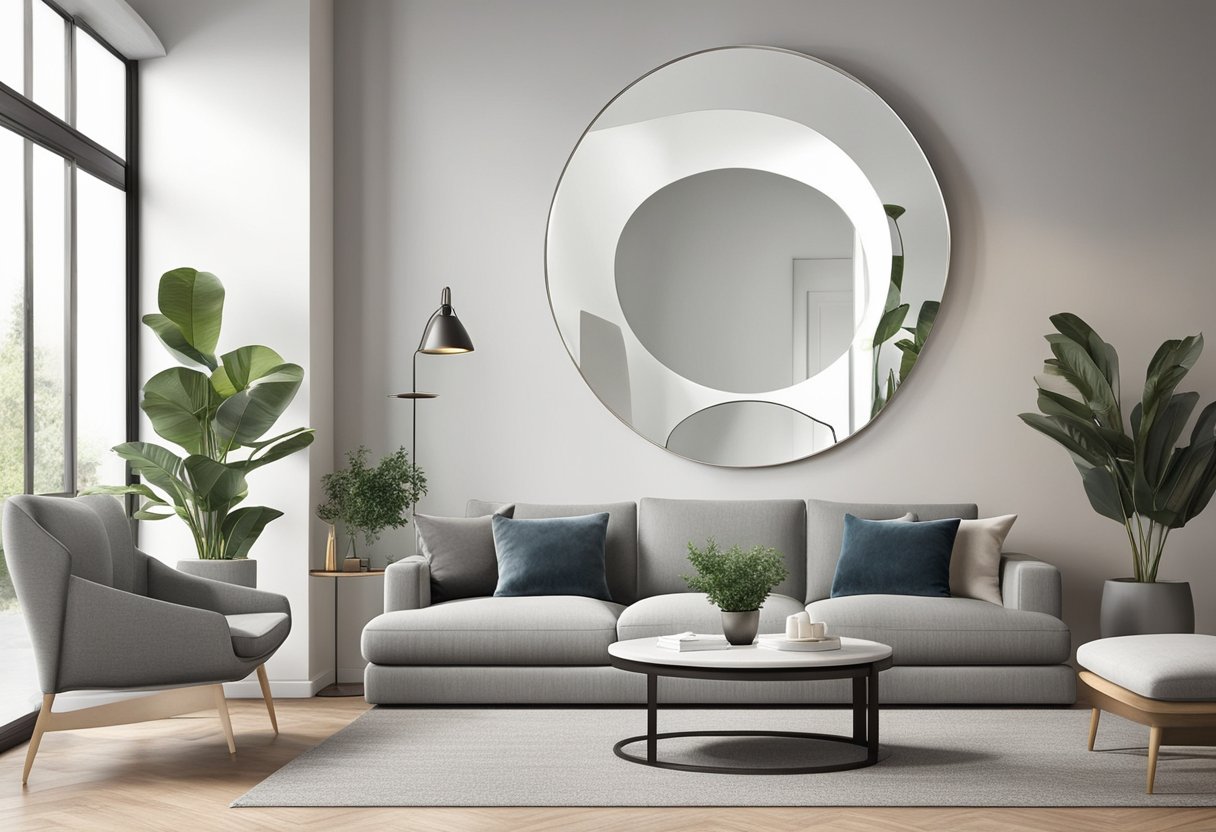 A sleek, modern mirror hangs on a clean, white wall, reflecting the natural light that floods the room. The mirror's frame is simple yet elegant, adding a touch of sophistication to the space