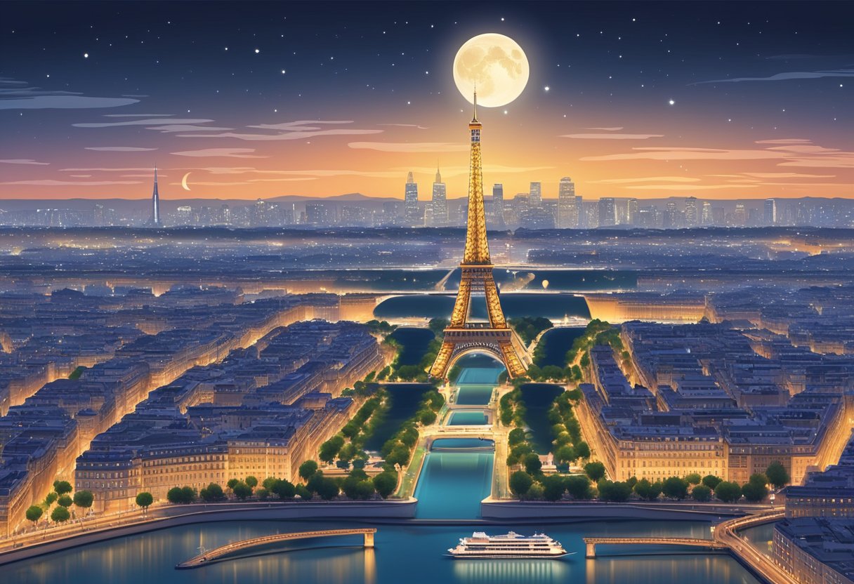 The Eiffel Tower at night, with the city lights twinkling below, as the sun sets and the moon rises, transitioning from Paris time to Singapore time