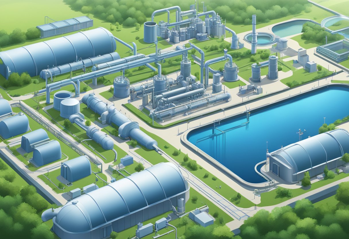 A clear blue sky over a modern water treatment plant with pipes and tanks, surrounded by lush greenery and a city skyline in the background