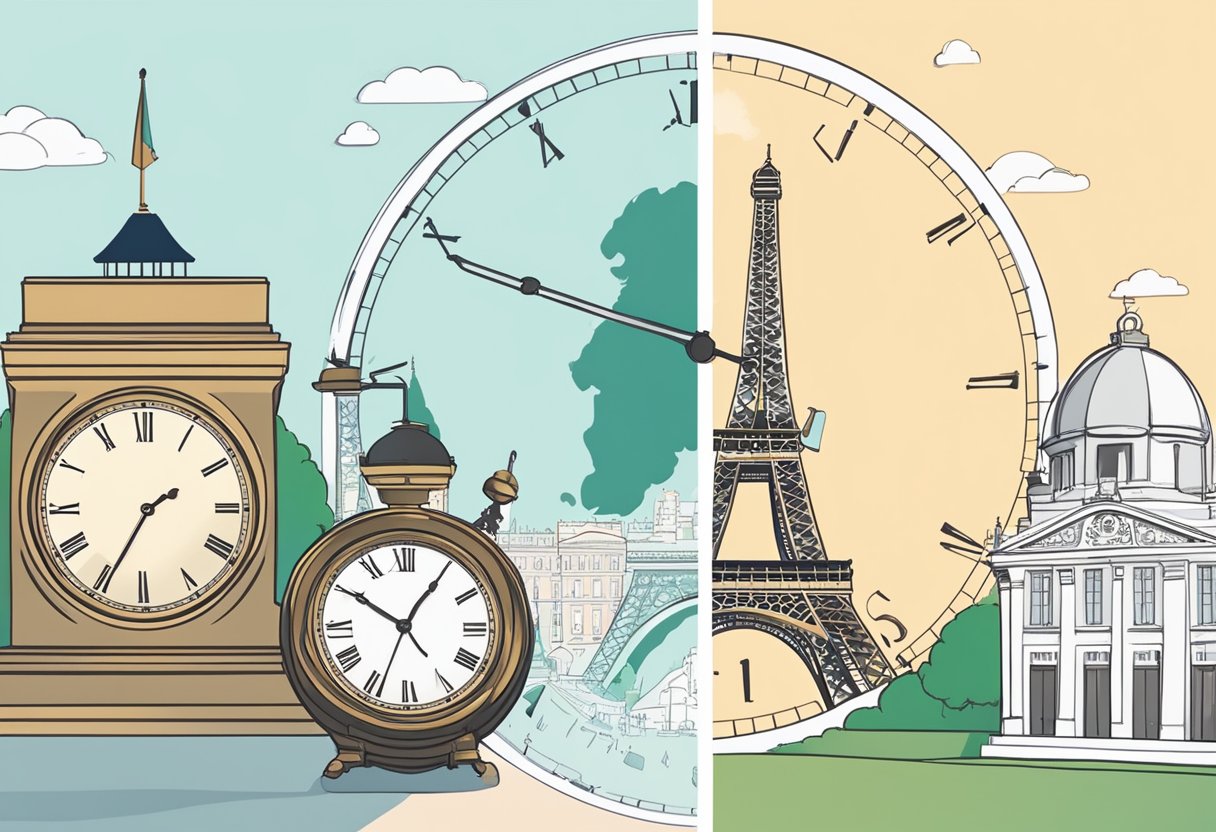 A clock showing 3 PM in Paris and another showing 9 PM in Singapore, with a globe in the background