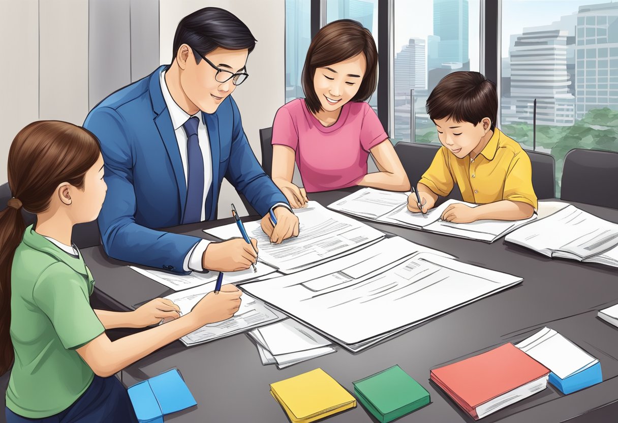 A family signing mortgage papers at a bank in Singapore