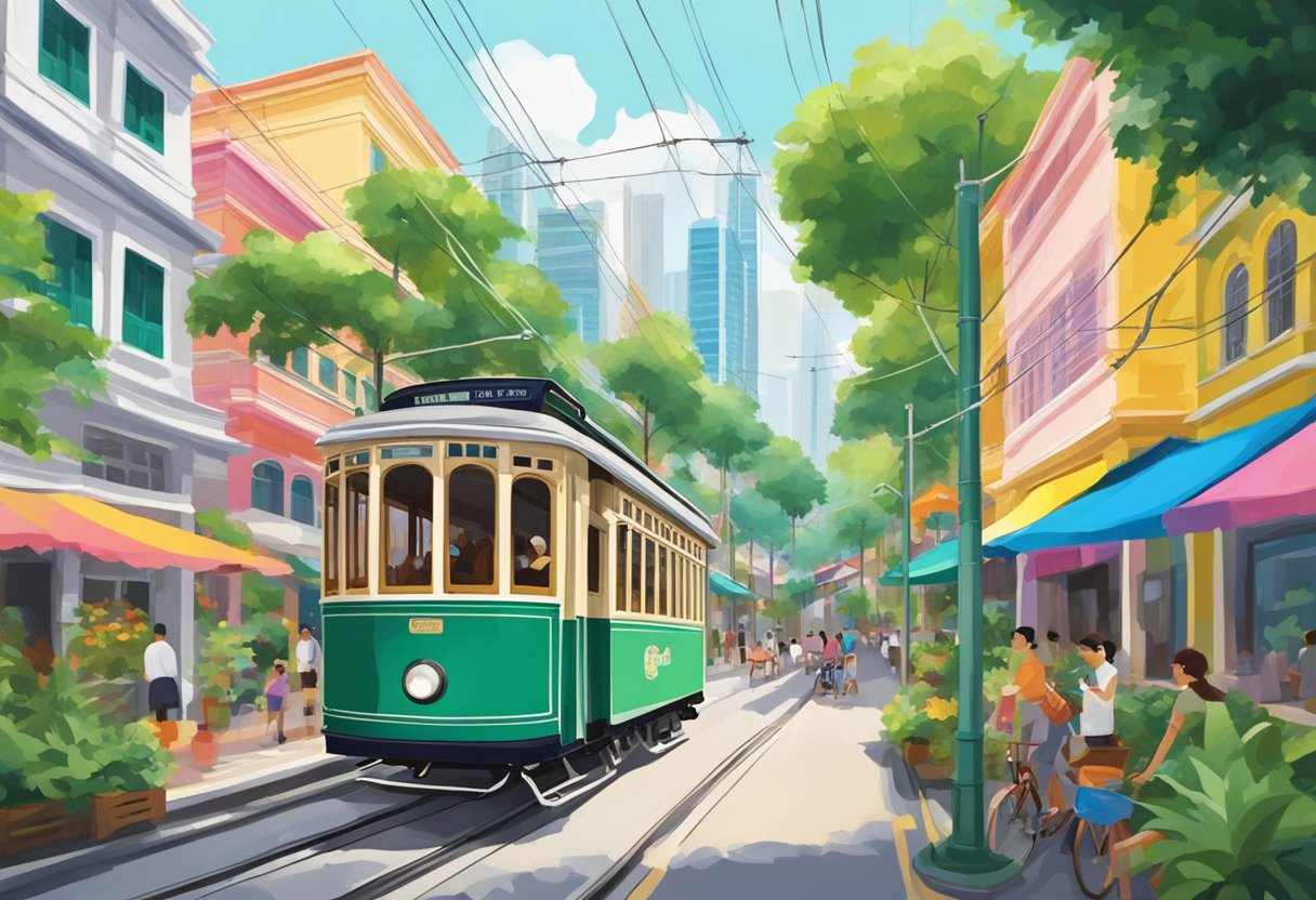 An open trolley moves along a bustling Singapore street, surrounded by colorful buildings and lush greenery
