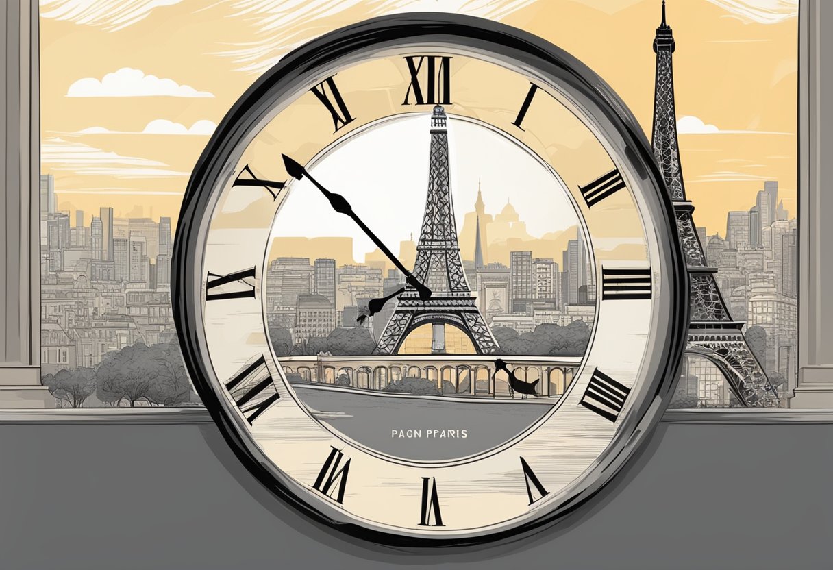 A clock showing 3 PM in Paris with the Eiffel Tower in the background, and another clock showing 9 PM in Singapore with the city skyline