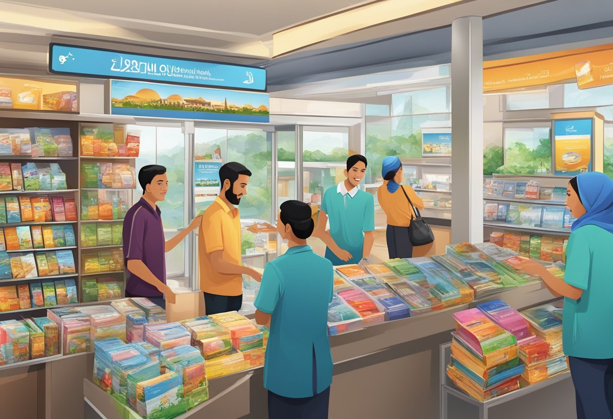 A bustling travel agency in Singapore caters to Muslim travelers, with colorful brochures and a friendly staff assisting customers
