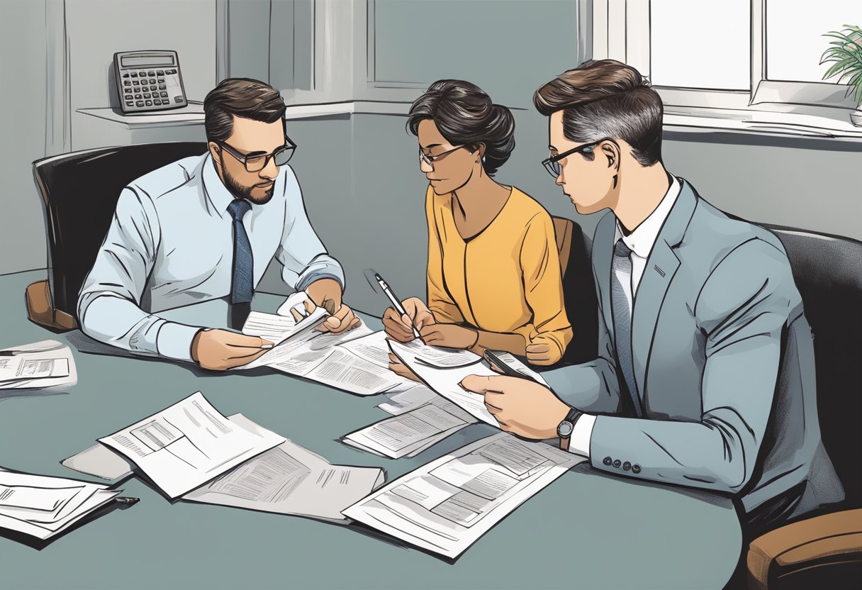 A couple sits at a table, reviewing mortgage documents. A calculator, pen, and paper are scattered around as they discuss terms and interest rates