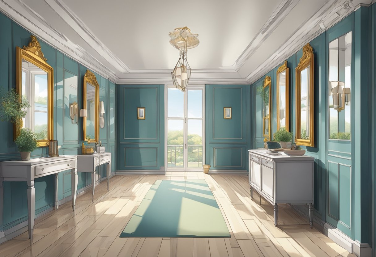 A room with a variety of mirrors on the walls, reflecting different angles and perspectives