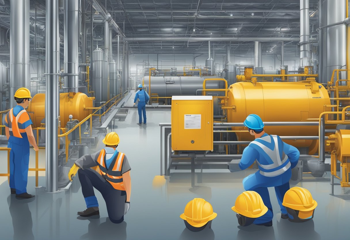 Workers in hard hats inspecting machinery, while signs display safety regulations. A clear water treatment plant with strict safety measures in place