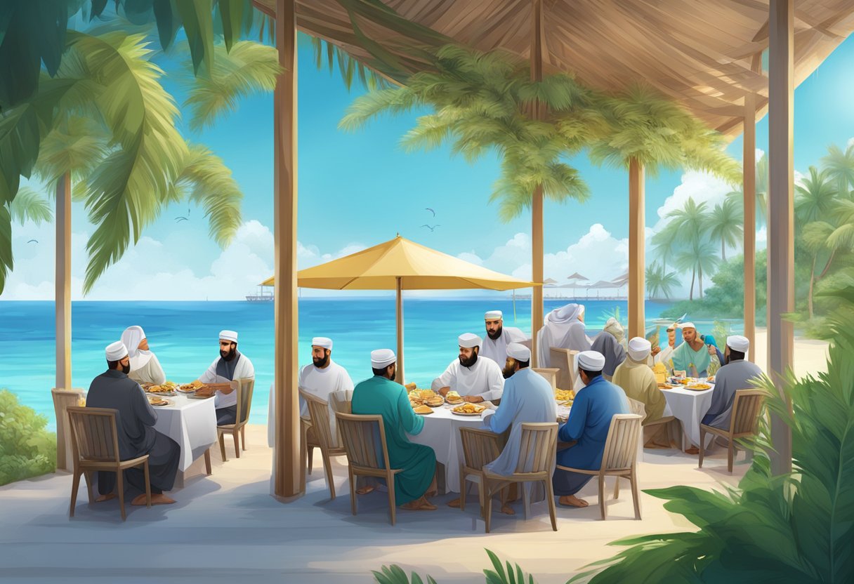 A diverse group of Muslims enjoying a scenic beach resort with halal dining and prayer facilities, surrounded by lush greenery and clear blue waters