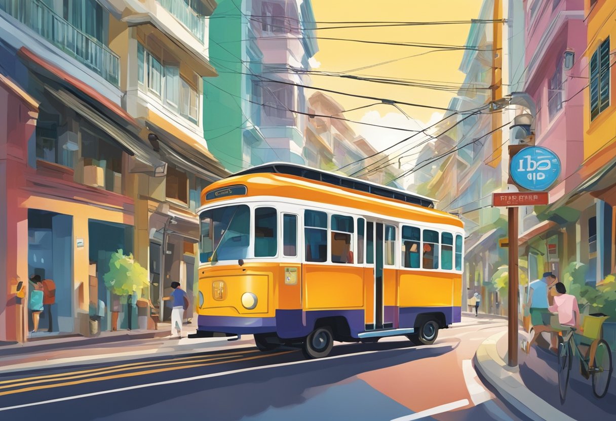 A colorful trolley in a bustling Singapore street, with open doors and a vibrant sign advertising various services and features