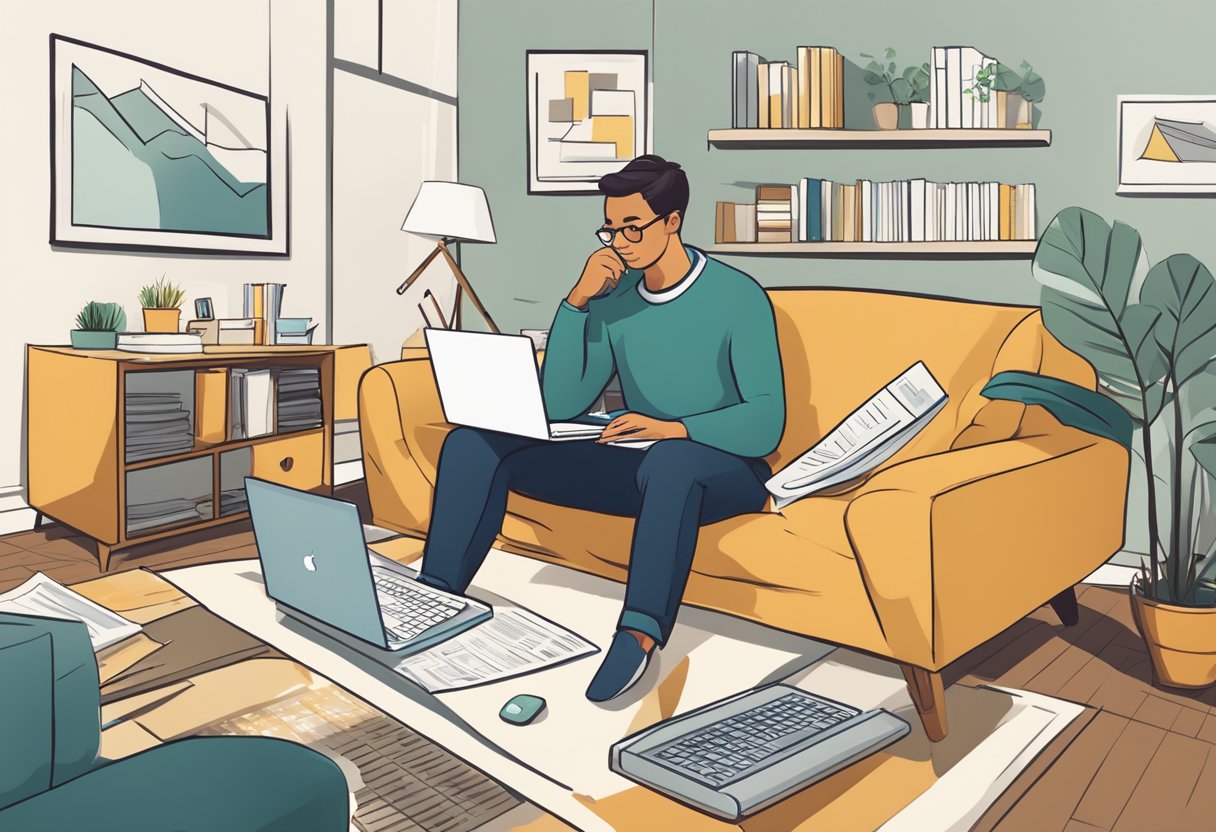 A cozy living room with a person researching mortgage options on a laptop, surrounded by financial documents and a calculator