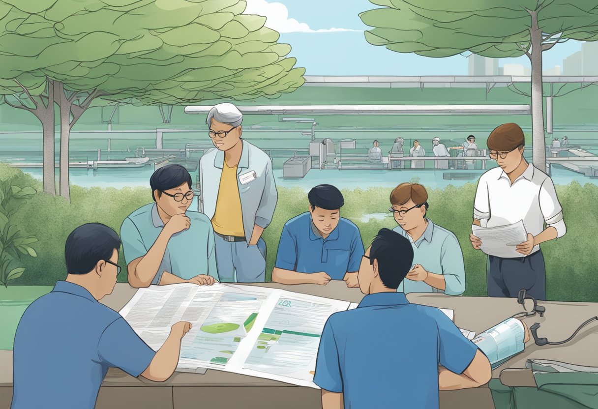 A group of people standing in front of a Newater plant, reading and discussing a list of frequently asked questions about the Singaporean water recycling process