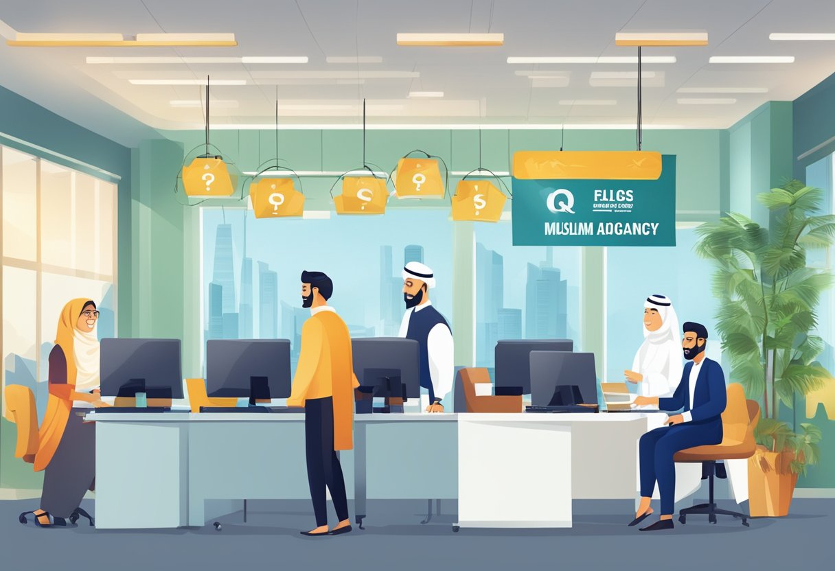 A busy office with a sign "Frequently Asked Questions Muslim Travel Agency Singapore" and staff assisting customers