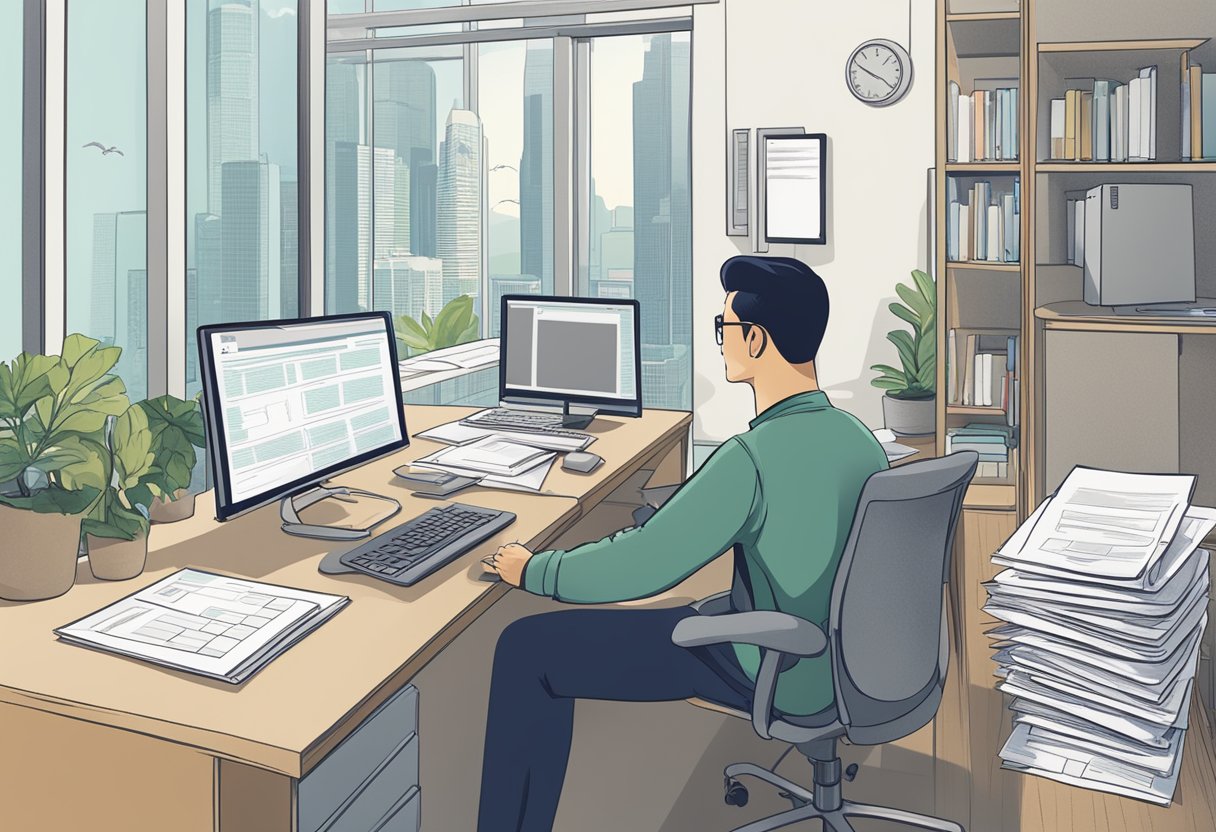 A person sitting at a desk, surrounded by paperwork and a computer, with a sign that reads "Frequently Asked Questions mortgage singapore" prominently displayed