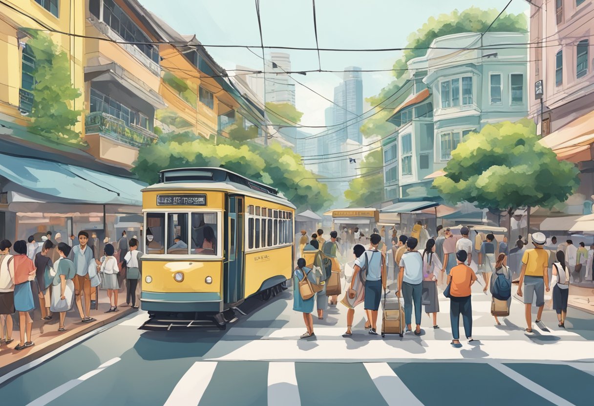 A bustling street with a trolley in Singapore, surrounded by curious onlookers and a sign that reads "Frequently Asked Questions."