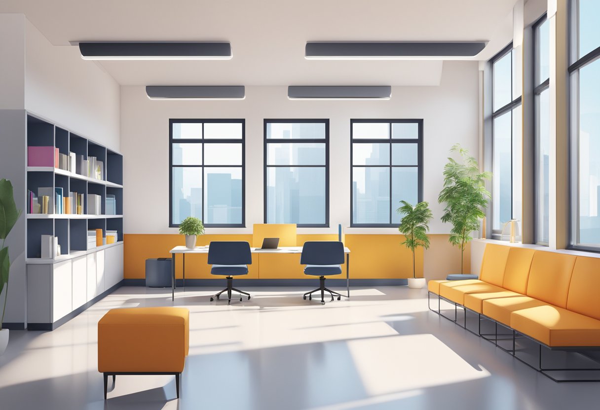 A modern, minimalist office space with sleek furniture, clean lines, and pops of vibrant color. The space is flooded with natural light and features intricate architectural details