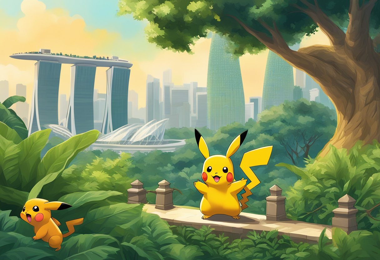 A Pikachu and Charmander playing in the lush greenery of Singapore's Gardens by the Bay, with the iconic Supertree Grove in the background