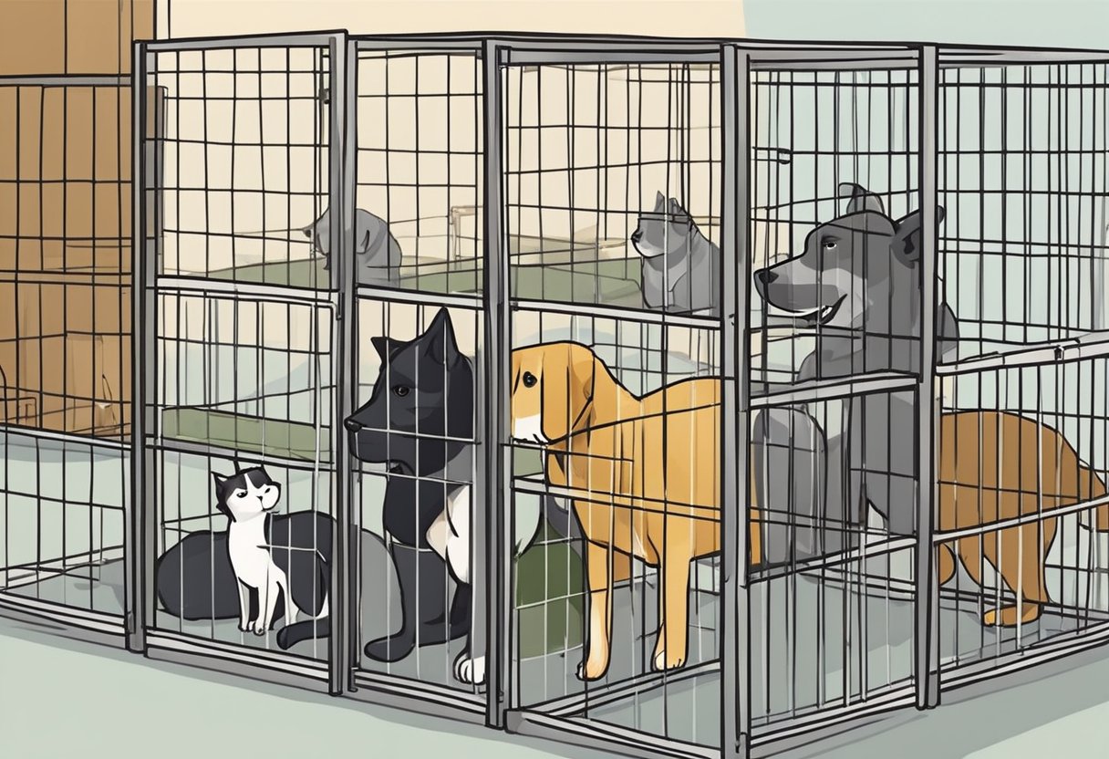 A family of cats and dogs wait in cages at a pet adoption event in Singapore. Visitors browse and interact with the animals, hoping to find their new furry companion