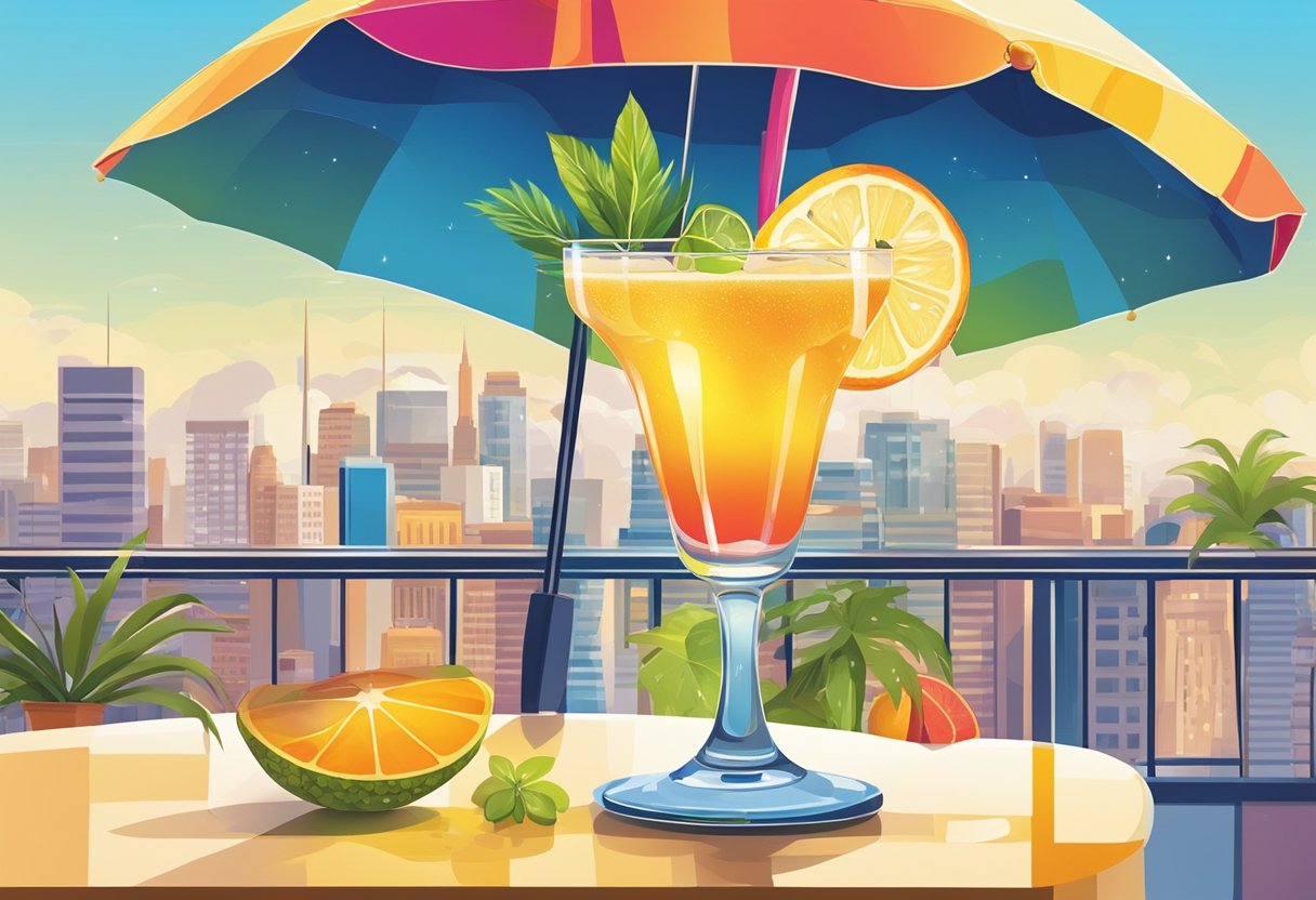 A glass filled with a colorful and refreshing cocktail, garnished with tropical fruits and a decorative umbrella, set against a backdrop of a bustling cityscape