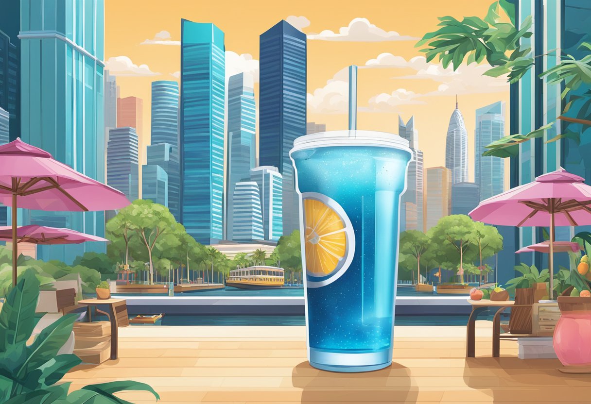 A vibrant cityscape with iconic Singapore landmarks in the background, featuring the Prime Hydration drink front and center