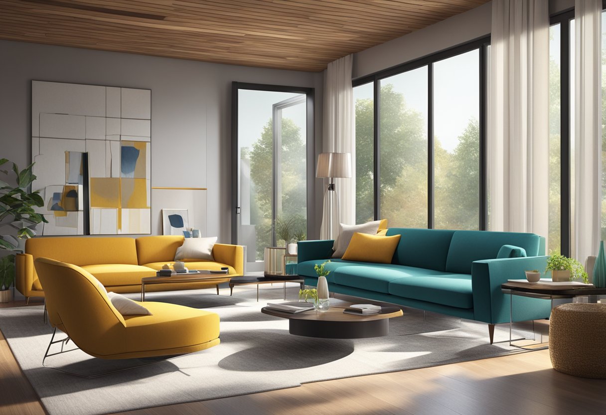 A modern living room with sleek furniture and vibrant accent colors. A large window allows natural light to fill the space, highlighting the clean lines and stylish decor
