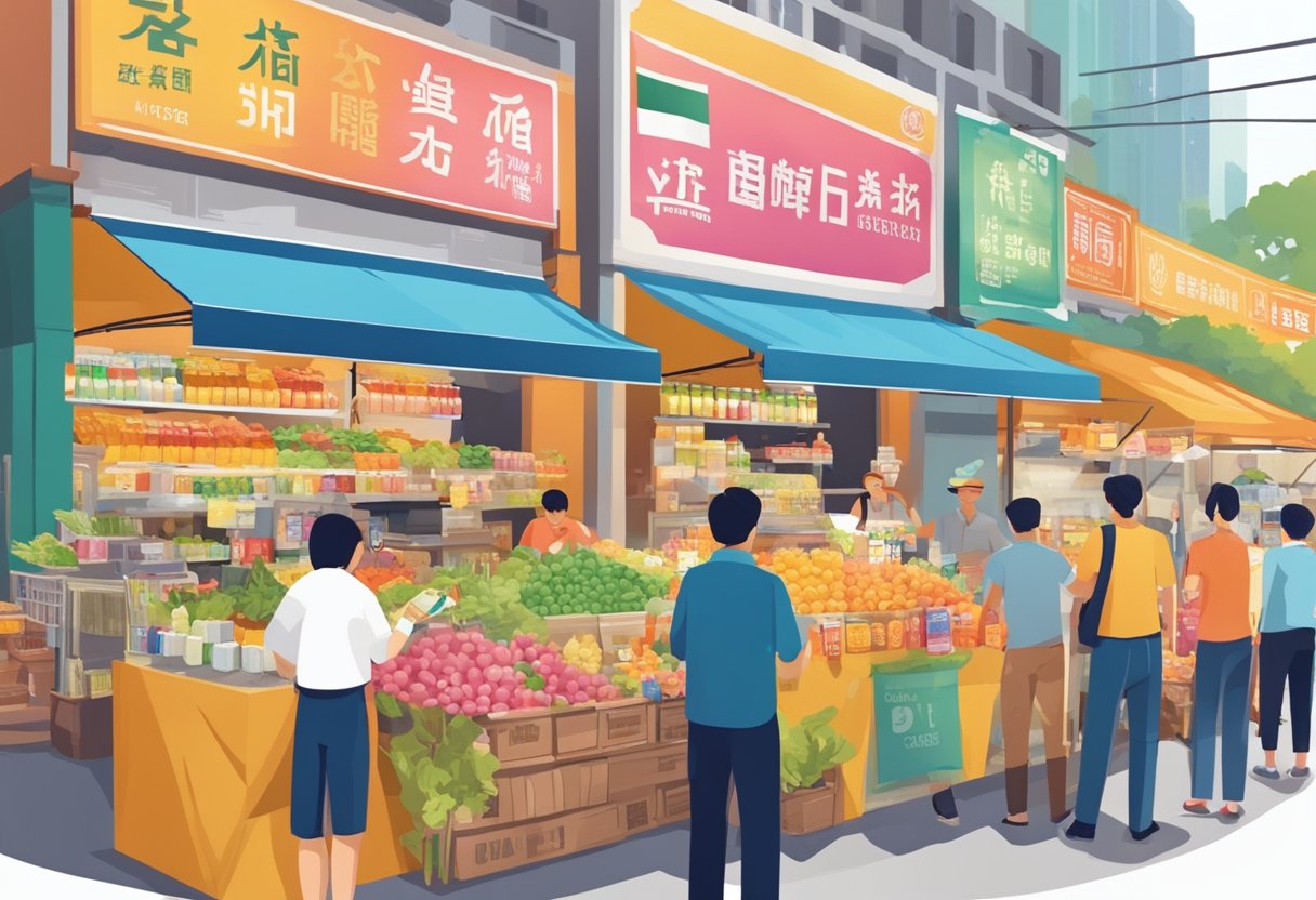 A bustling Singapore street market with vibrant banners and signs promoting a popular local drink. Customers eagerly sample and purchase the beverage, while vendors energetically market their product